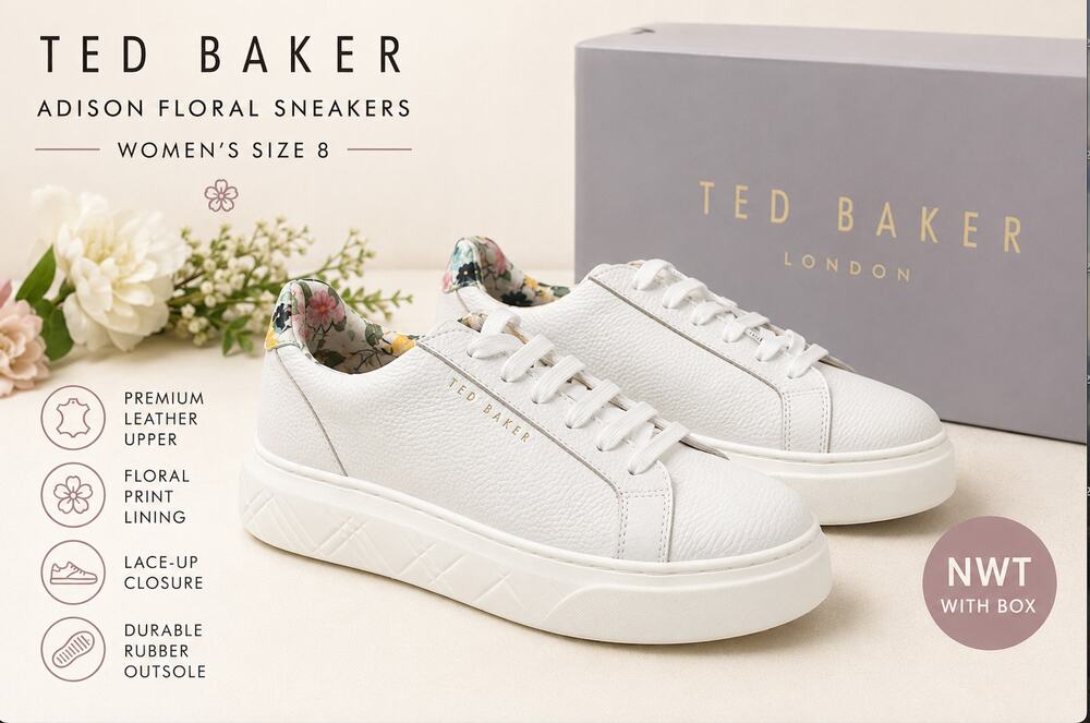 Ted Baker Adison Floral White Leather Platform Sneakers NWT Size 8